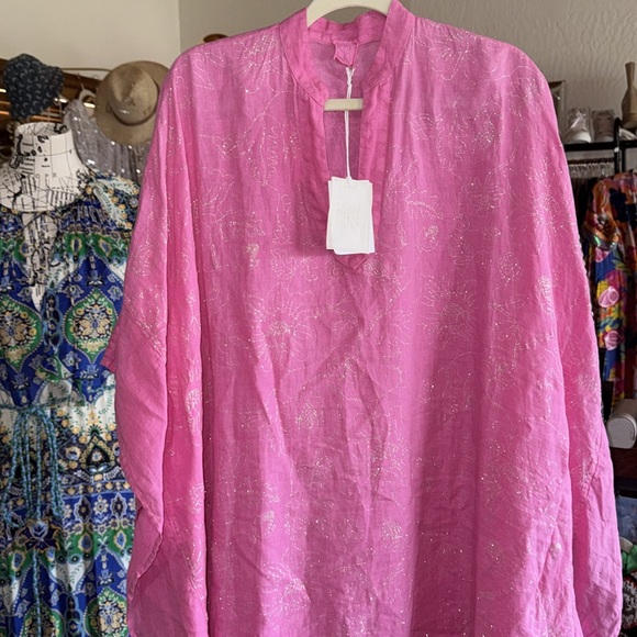 Bright Pink 120% Lino Linen Kaftan Dress Sequin Stitching Embroidery Design NWT